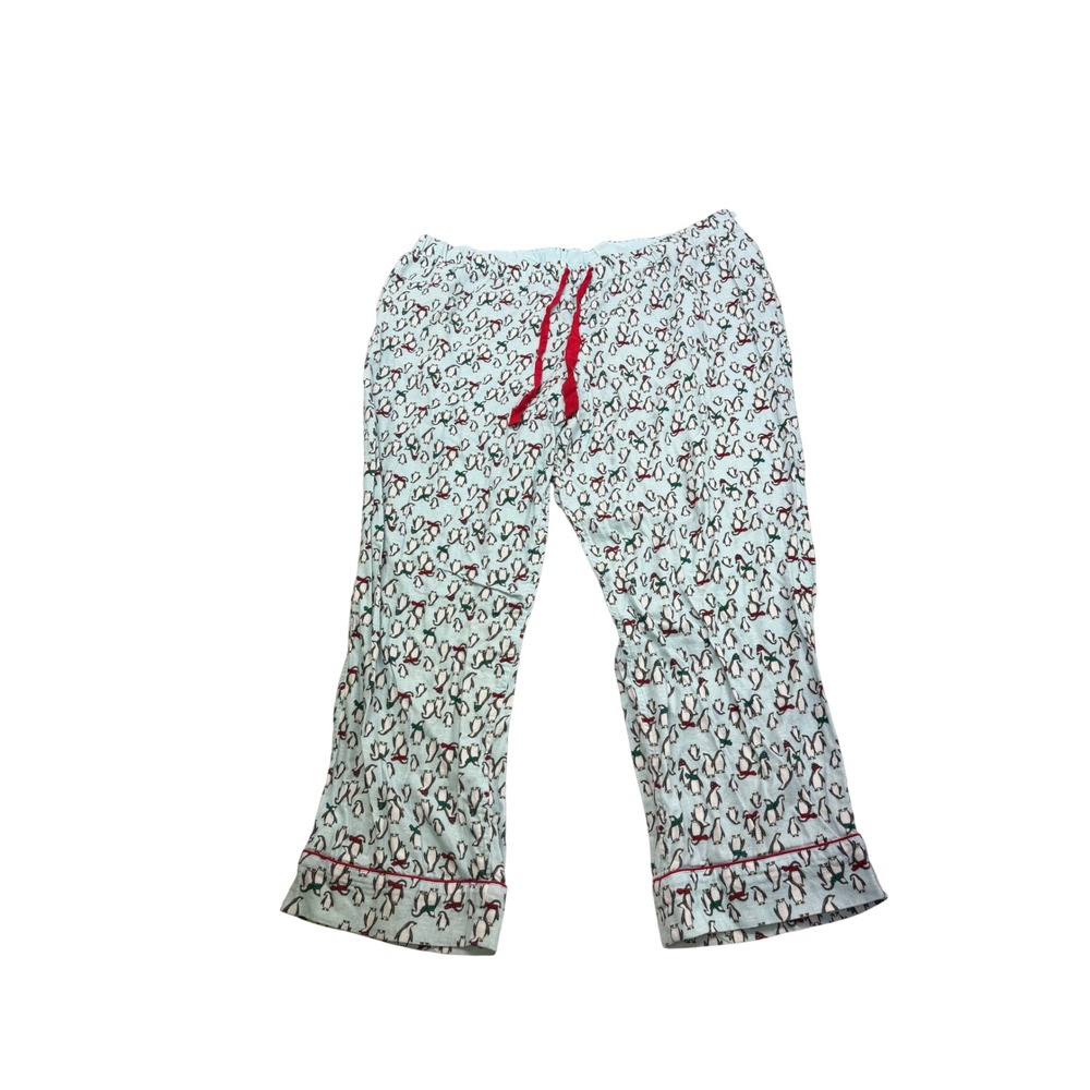 Lands End Pajama Pants Womens 2X Blue Penguin Print Cotton Knit Lounge Sleepwear